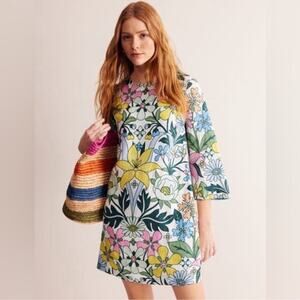 Boden Flare Linen Floral Mini Dress 3/4 Sleeve Size 16